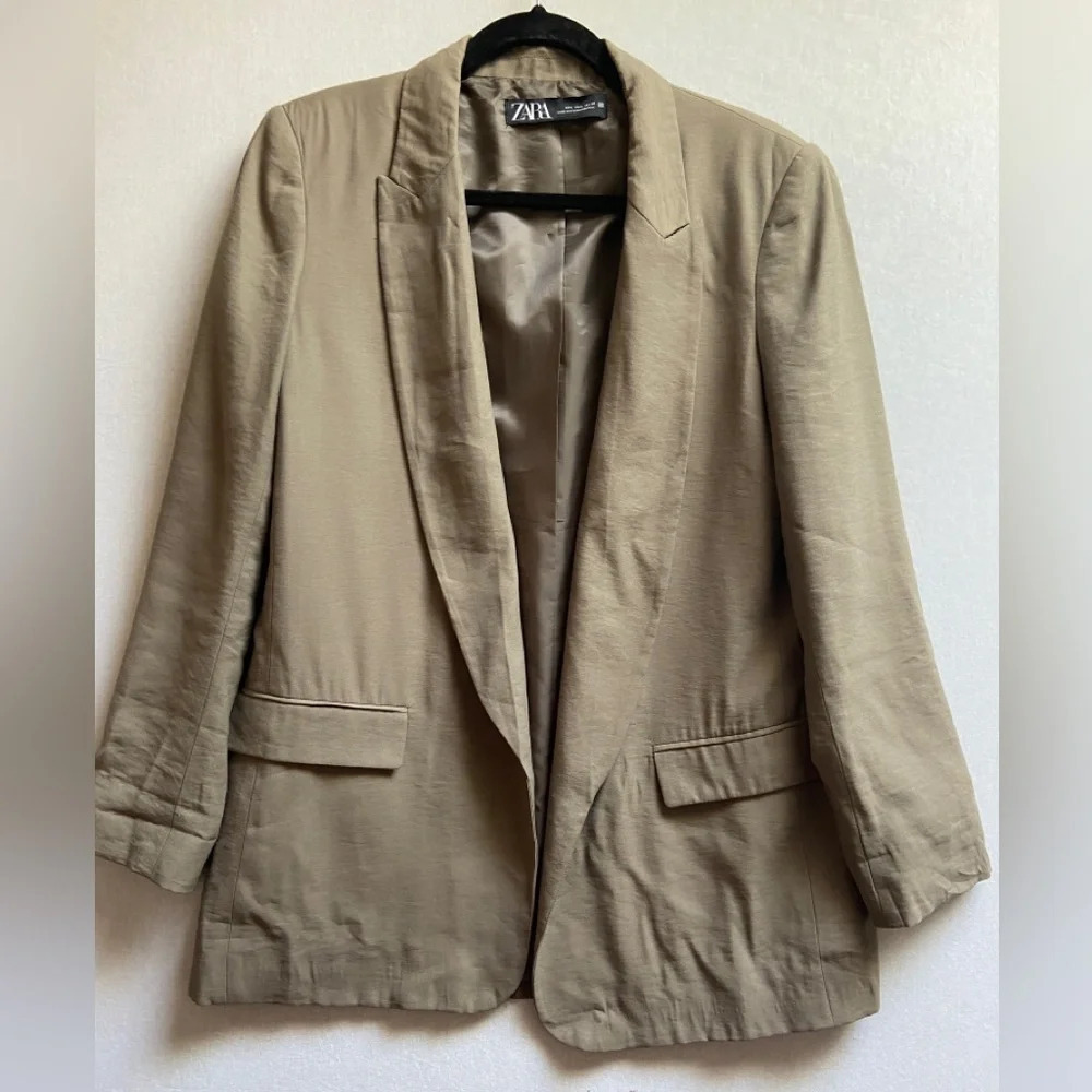 Zara Tan Beige Viscose Blend Open Front Blazer Jacket Women's Size L